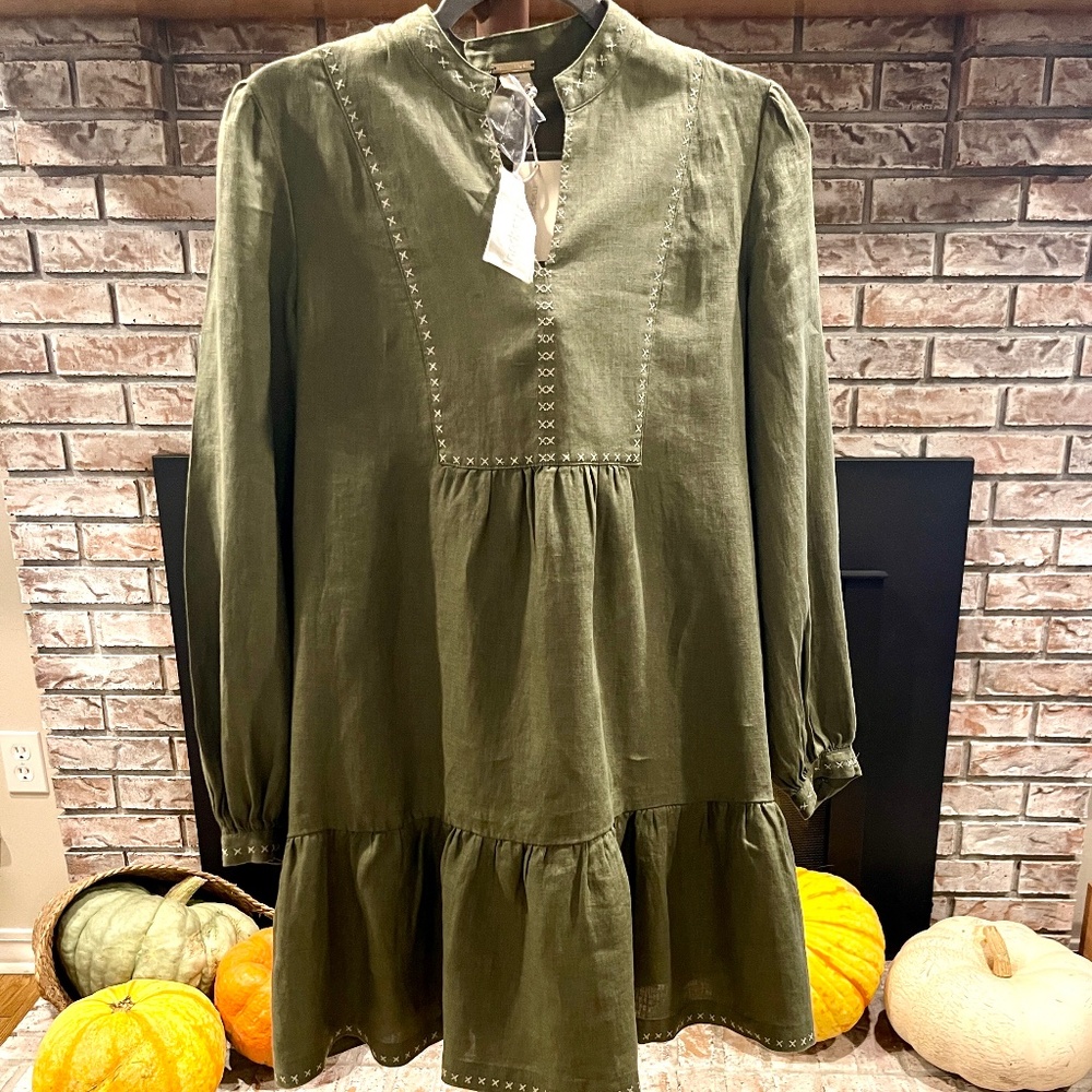 Magaschoni linen dress NWT size S / 4 – sage green, pockets, embroidered, lined